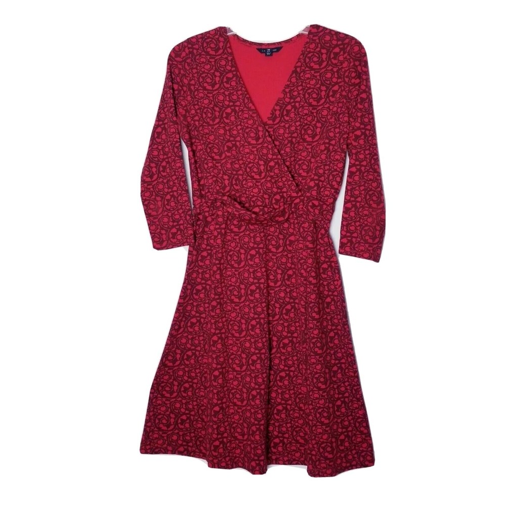 Lands' End Faux Wrap Dress Women Size XS 2-4 Red V Neck
